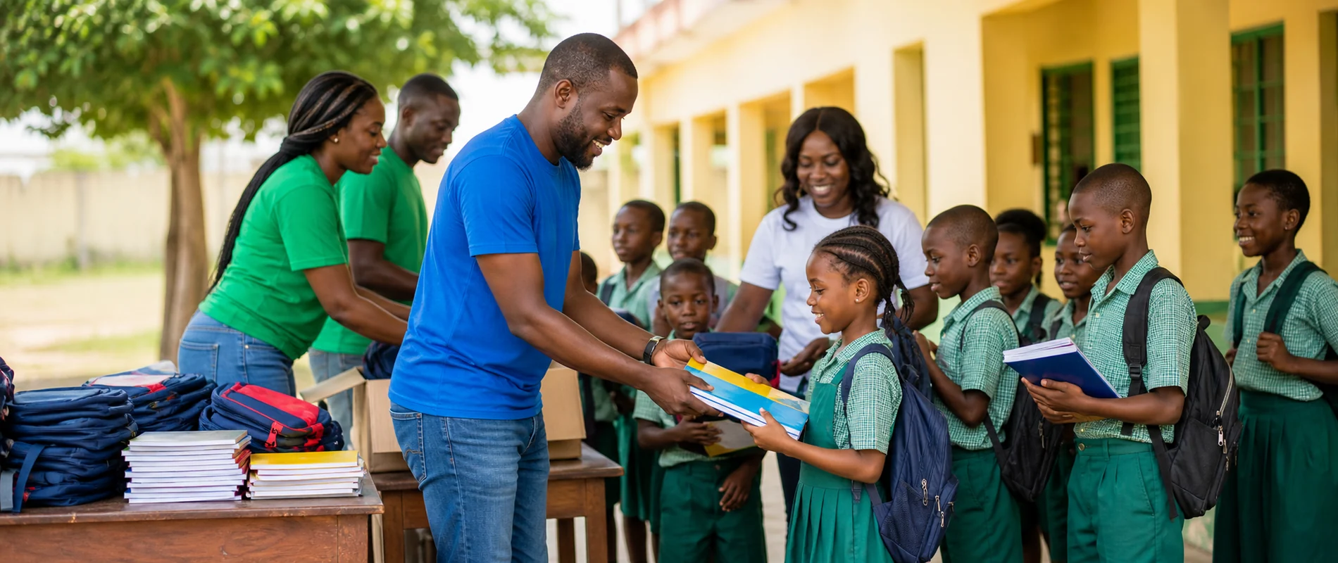 Volunteers distributing school kits to pupils in Nigeria